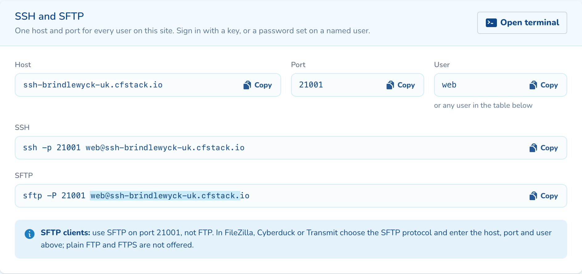The SSH and SFTP card with the host, port, user and ready-made ssh and sftp commands