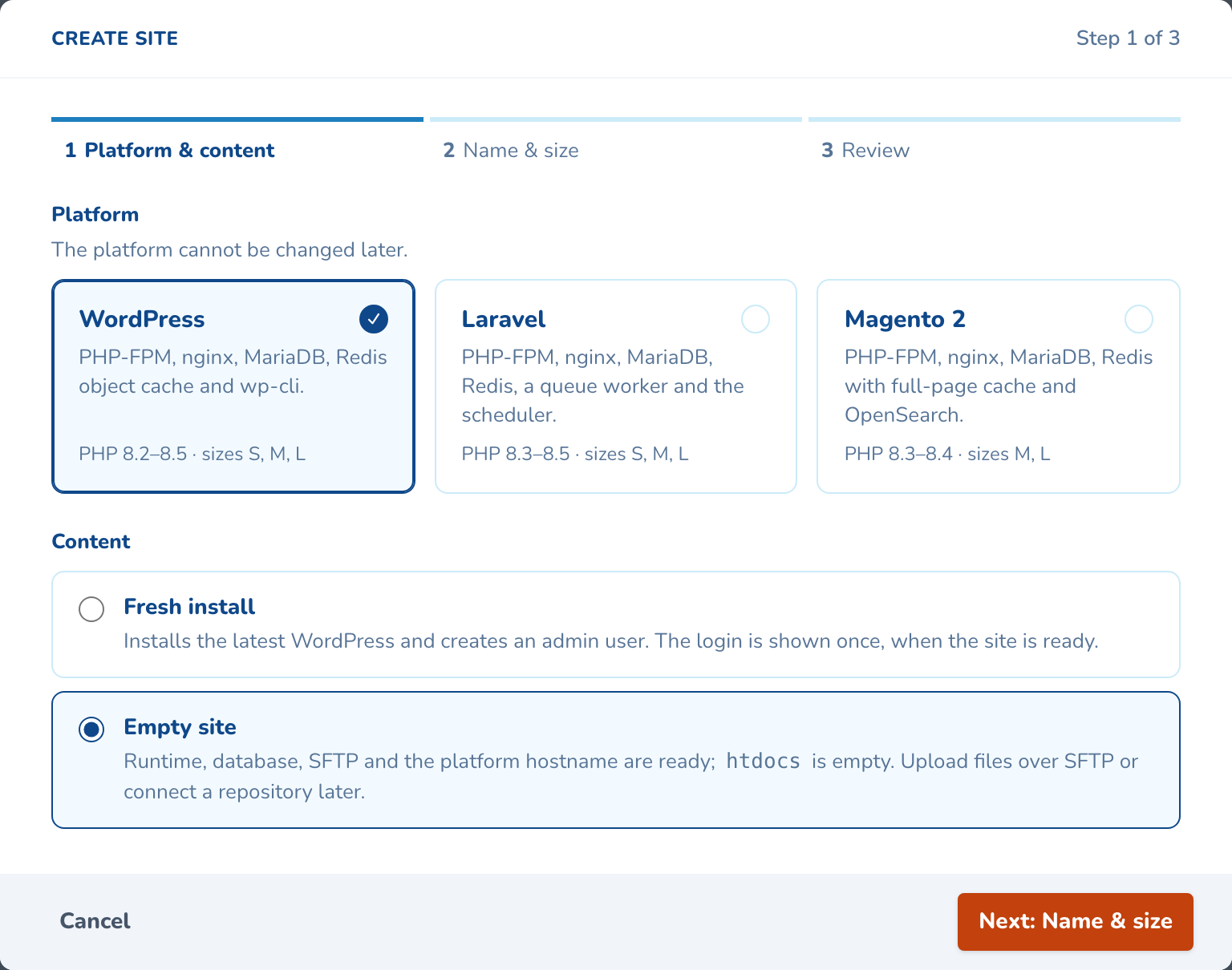 Step 1 of Create site: WordPress, Laravel or Magento 2, then a fresh install or an empty site