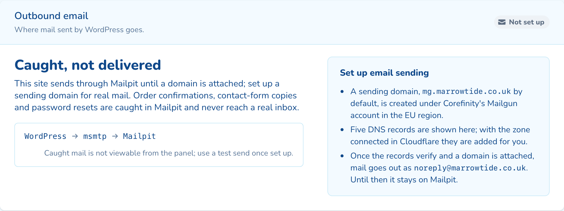 The Outbound email card: mail from WordPress caught in Mailpit, with the steps to set up sending
