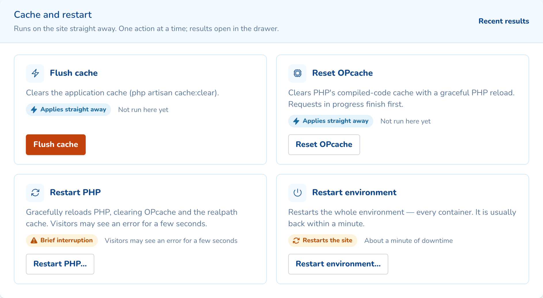 Cache and restart sit under the Laravel tools; Flush cache runs php artisan cache:clear.