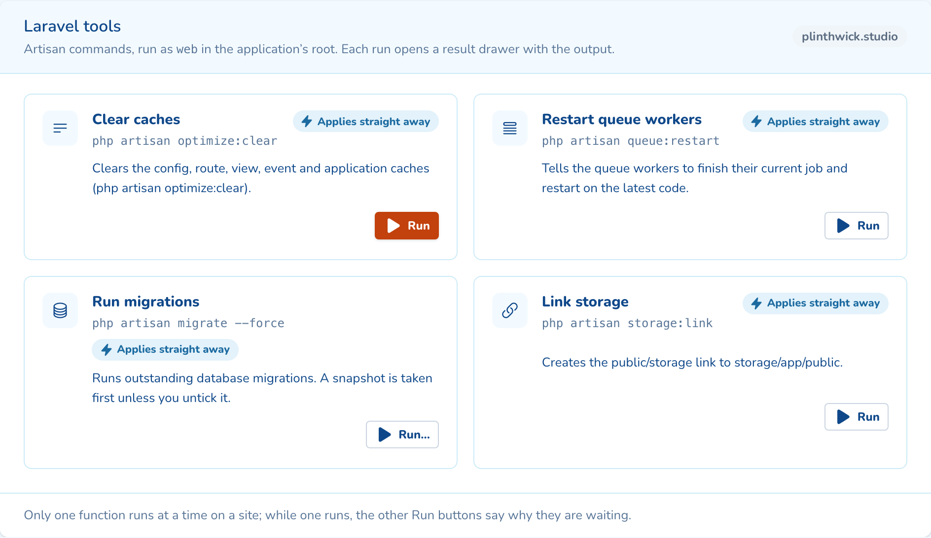 Laravel tools: Clear caches, Restart queue workers, Run migrations and Link storage