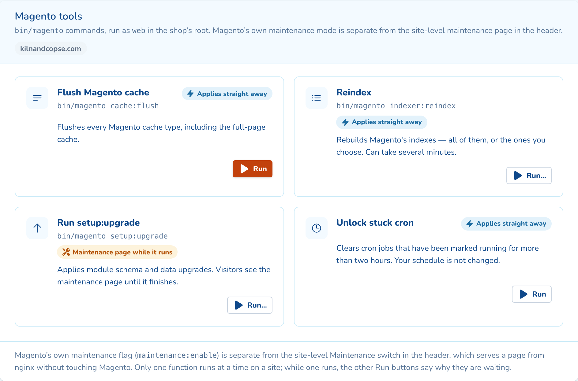 Magento tools: Flush Magento cache, Reindex, Run setup:upgrade and Unlock stuck cron