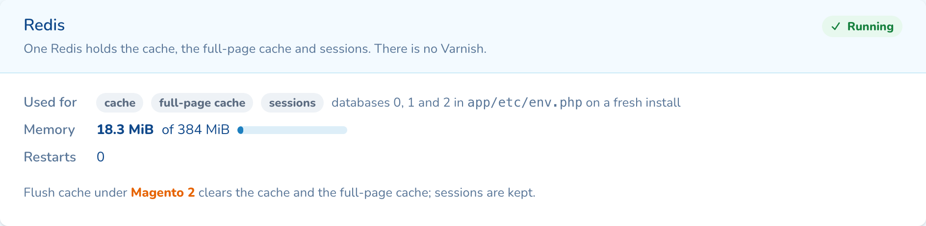 One Redis holds the cache, the full-page cache and sessions.