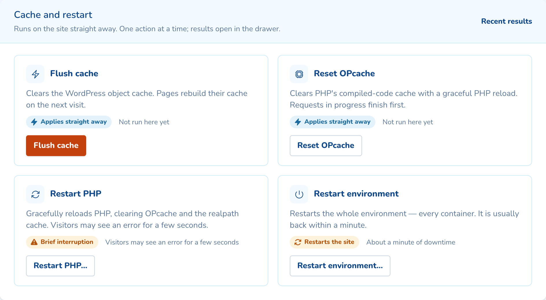 Cache and restart sit under the WordPress tools, with what each one does to visitors.