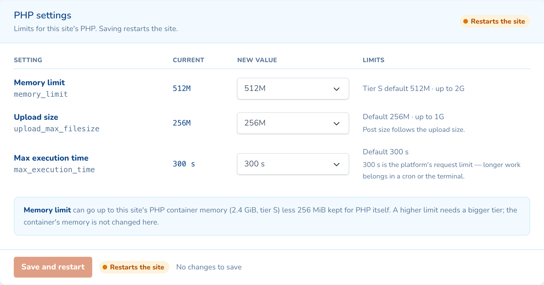The PHP settings card: memory limit, upload size and max execution time, each with its limits