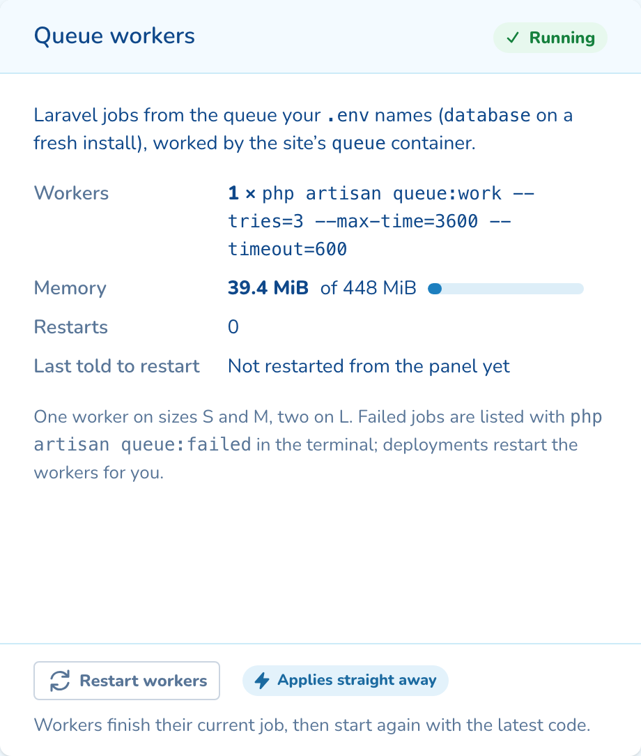 Laravel sites also get a Queue workers card, with a restart that lets each job finish first.