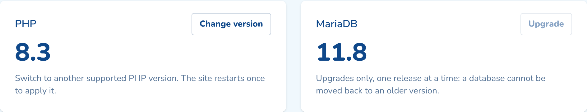 The PHP and MariaDB cards on the Runtime tab, with Change version and Upgrade